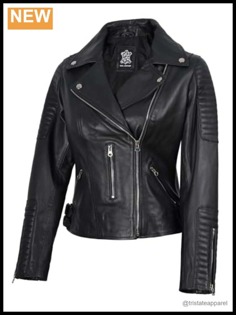 Real Lambskin Leather Asymmetrical Zip-Up Moto Jacket Women Quilted Long Sleeve